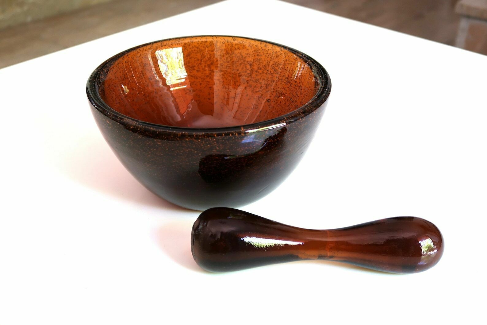 French Large Amber Glass Mortar And Pestle From Biot, 1970s / Costa Riviera, Boho Chic, Folk, France