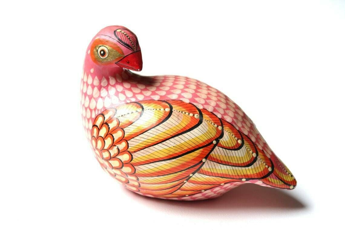 Mexican Folk Art Paper Mache Bird, Dove Signed J. Inès Arana Mex, 1970s / Mexico, Pale Pink, Colorful