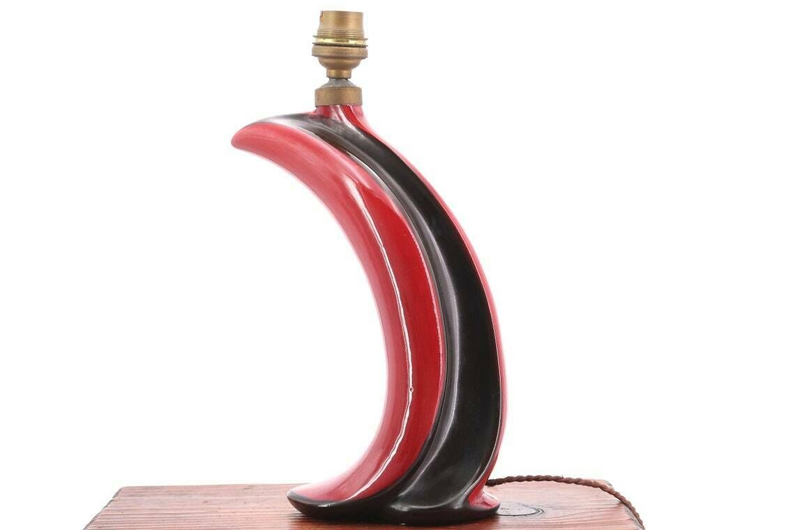 French Arched Ceramic Table Lamp, 1950s / Mid Century Modern, Black Bordeaux, Modernist, France