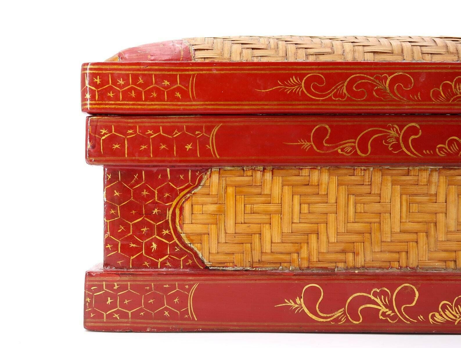 Large Asian Wicker And Lacquered Wood With Decors, 1970s / Red, Japan, Asia, China, Folk photo furniture