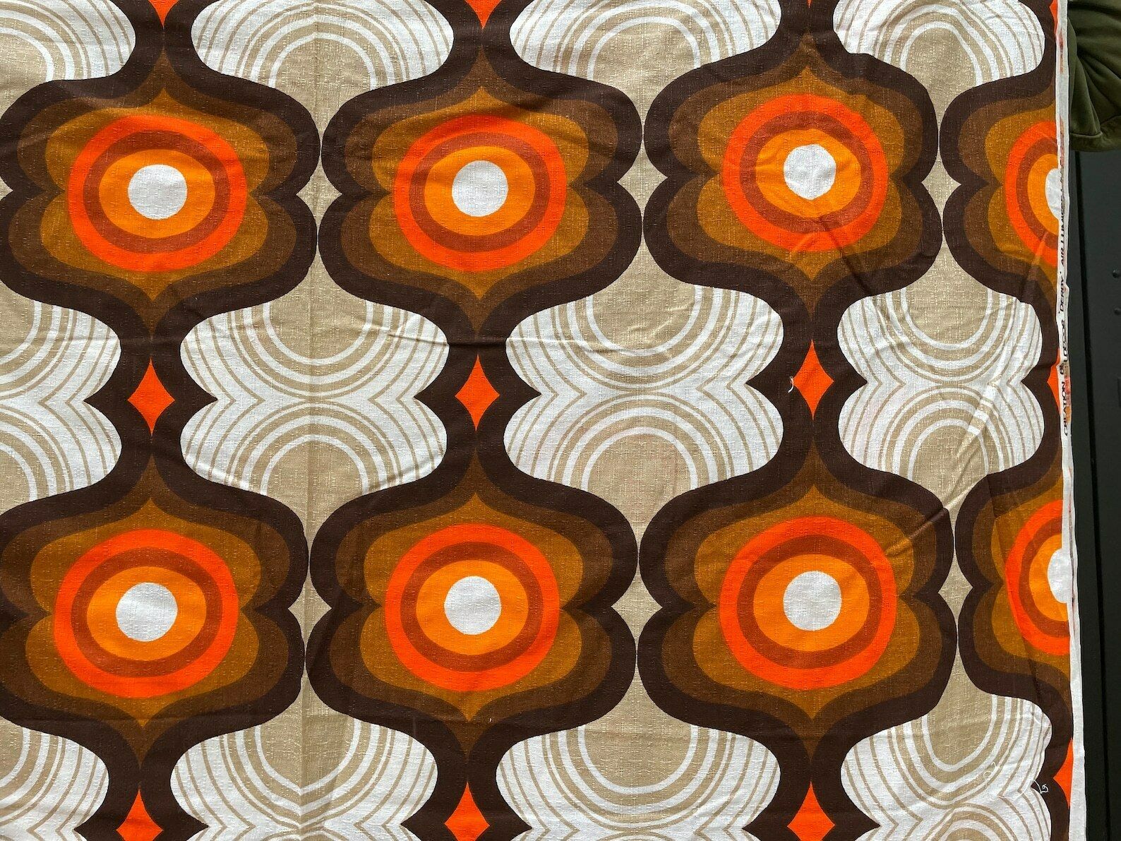 French Psychedelic And Graphic Fabric By Beldecor, 1970s Vintage / Upholstery Fabric, Seventies, Orange Brown, Drape, Cushion, Shade photo furniture