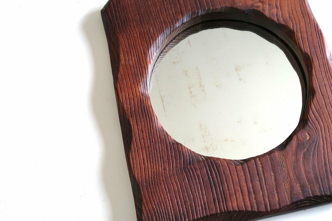 Miroir français en bois de forme libre, années 1970 / Mid-Century Modern Boho Chic Bohemian Rustic Folk France Art Country Mountain photo furniture