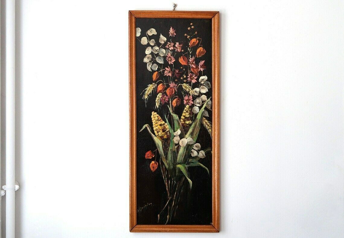 French Signed Oil Painting, Flowers, 1950s / Black, Dark, Country, Rustic, Cottage, Boho Chic, Farmhouse