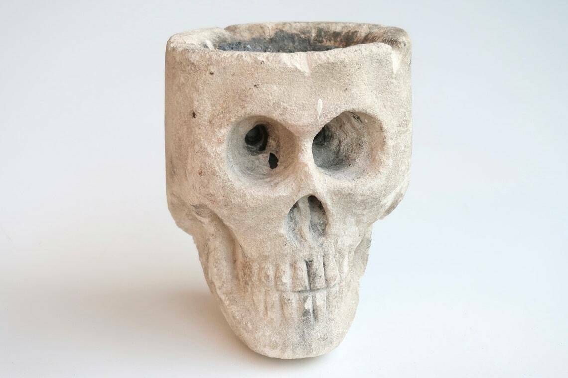 Sculpture, Mexican Stone Human Skull   Cabinet Of Curiosities, 1950s / Dish, Decor, Vanity, Skeleton, Boho Chic Bohemian Folk