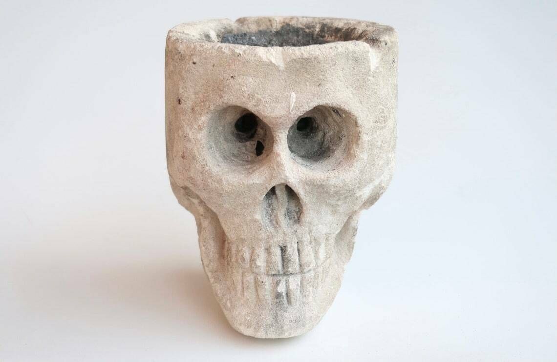 Sculpture, Mexican Stone Human Skull   Cabinet Of Curiosities, 1950s / Dish, Decor, Vanity, Skeleton, Boho Chic Bohemian Folk photo furniture