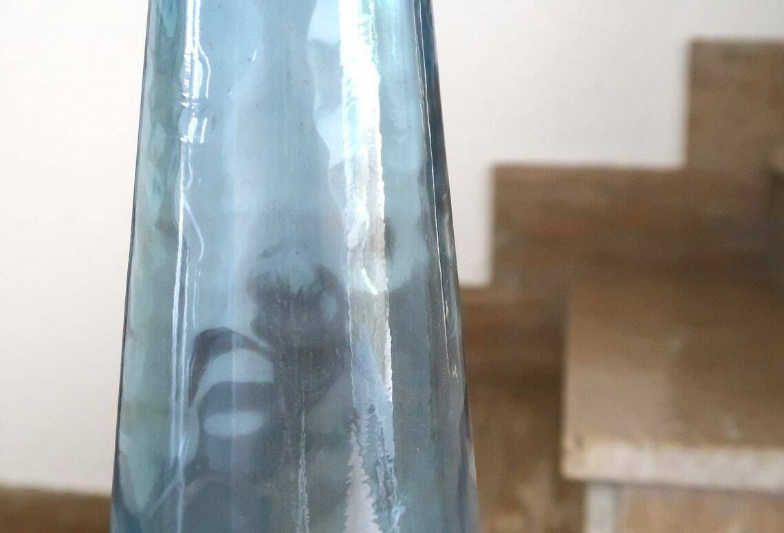 Blue Glass Genie Bottle, Italian Decanter, 1960s / Empoli, Boho Chic, Bohemian, Folk, Made In Italy photo Home Decor