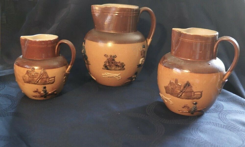 Set Of 3 Rare Coloured Royal Doulton Stoneware Harvest Jugs