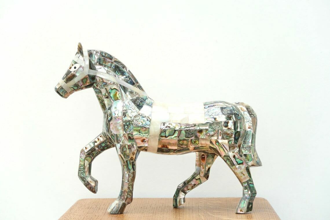 Large Mexican Mother Of Peal Horse Sculpture, 1970s / Inlay, Mosaic, Animal, Art, Mexico, Boho Chic Bohemian Folk