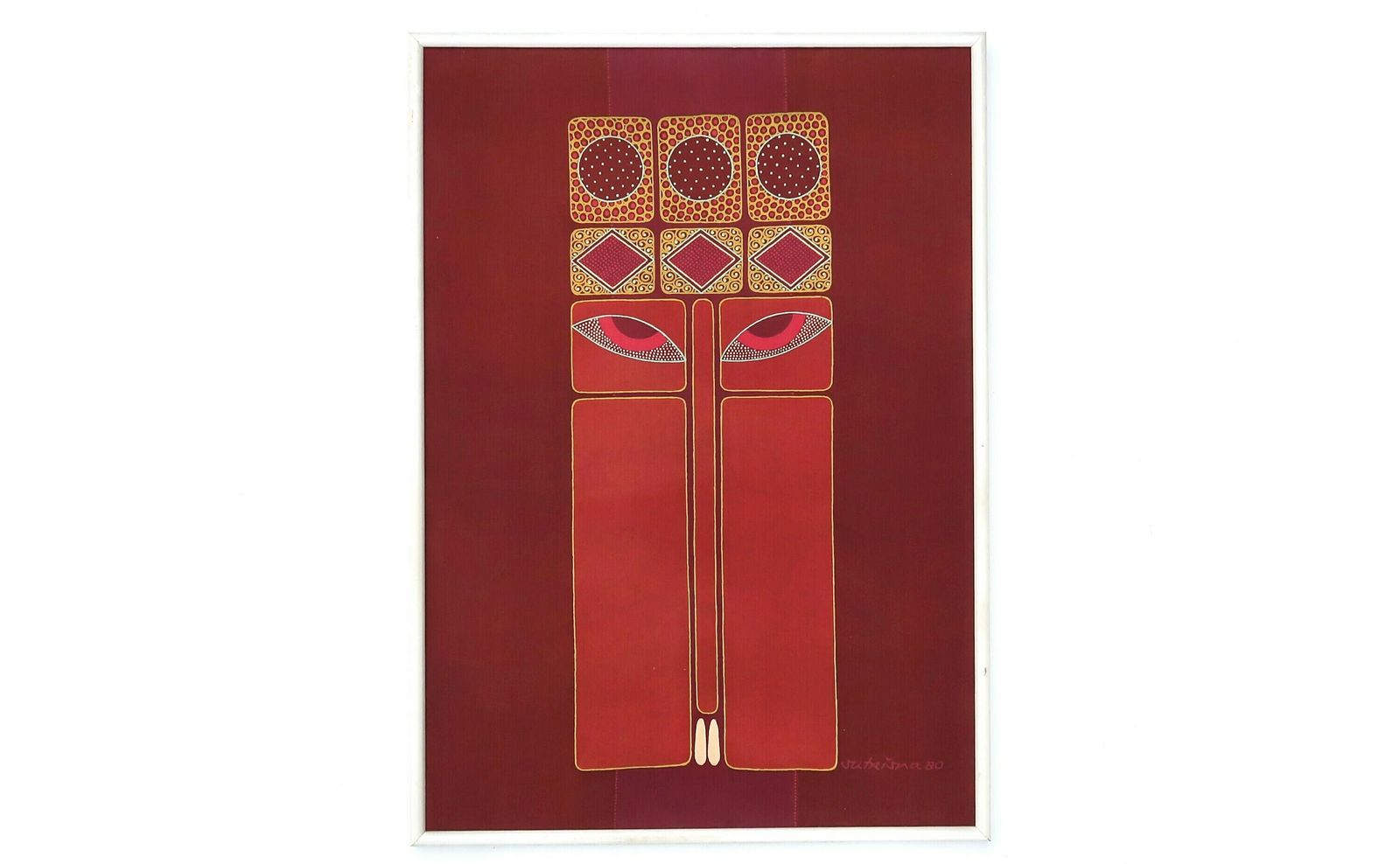 Indian Painting On Silk, Signed And Dated 1980 / Vintage, India, Ajna Chakra, Boho Chic, Folk, Bordeaux, Bohemian