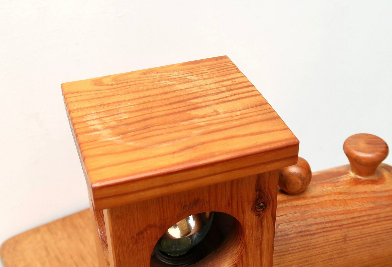 French Train Locomotive Pine Wood Table Lamp, 1970s / Kid Room, Modern, Wooden Lighting photo vinterior