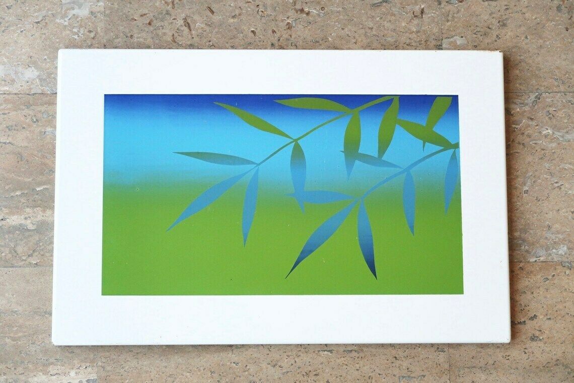 French Enameled Numbered Wall Plaque Kozo Inoue, 1976 / By Jean Neuhaus, Japanese Artist, Florat Art, Blue Green Decor, Hanging, Painting