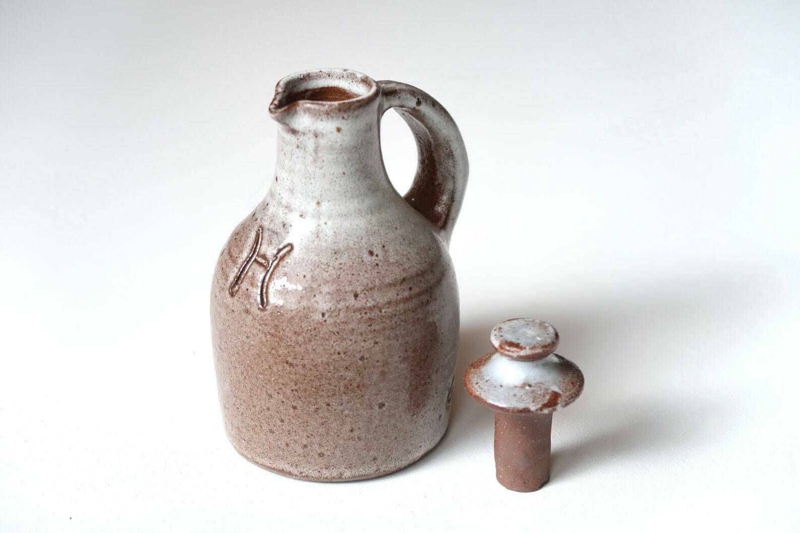 French Ceramic Pitchers " Oil & Vinegar " By Jeanne And Norbert Pierlot, Ratilly France, 1960s / Grey Stoneware, Boho Chic, Country, Rustic photo for sale