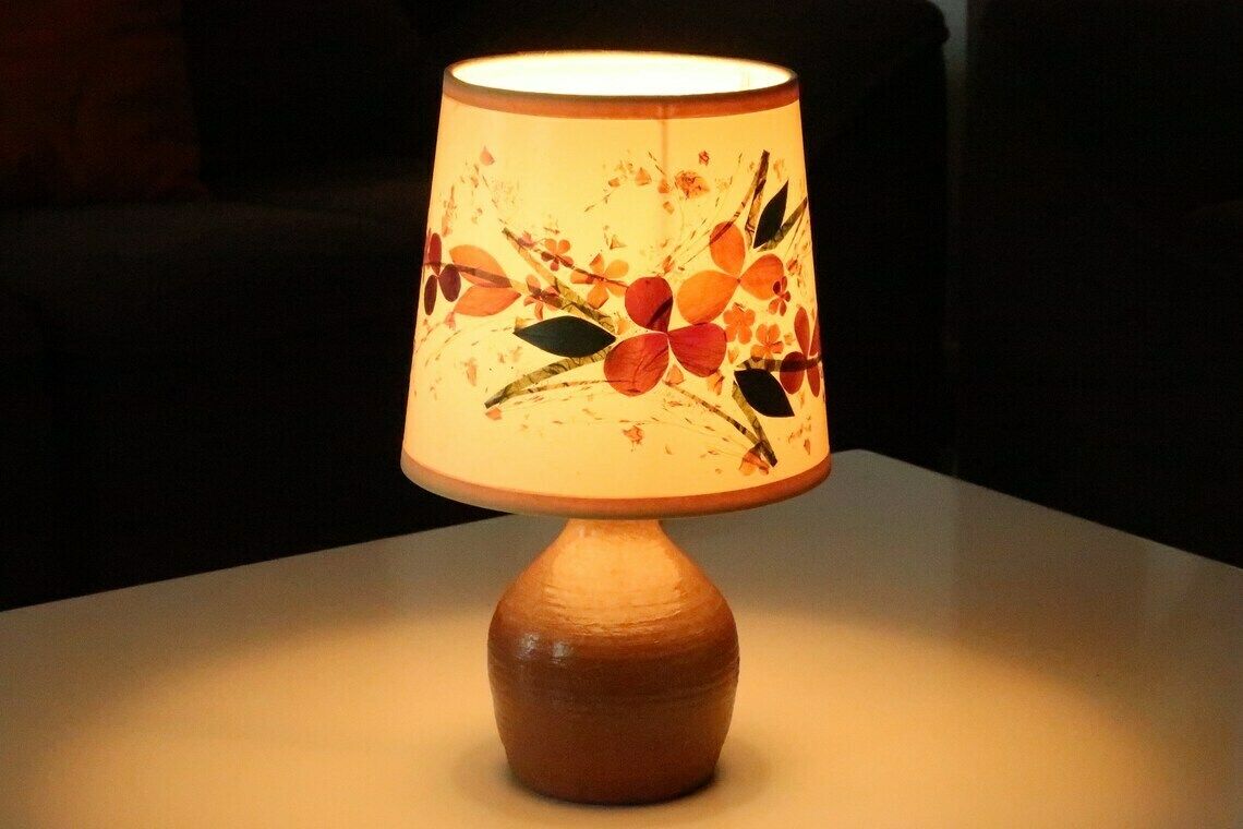 French Ceramic Table Lamp, Herbarium Lampshade, 1960s / Vintage, Boho Chic, Folk, Bohemian, Country, Rustic, Foral