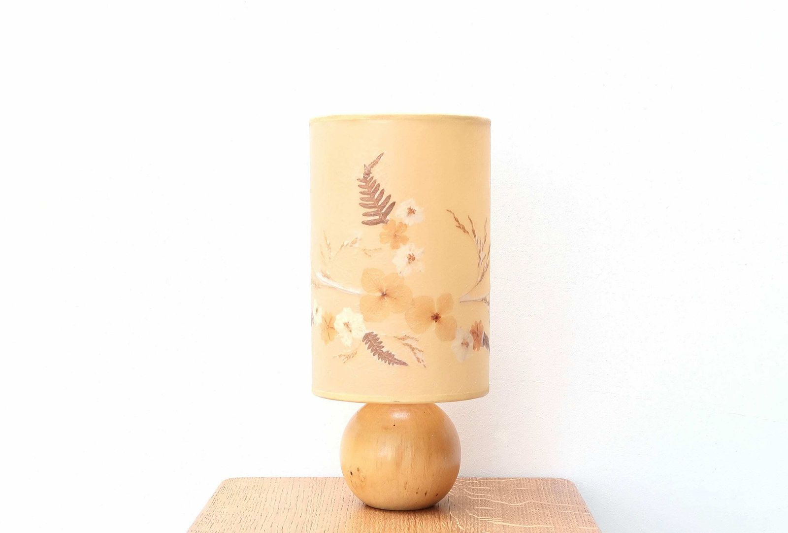 French Wooden Table Lamp, Herbarium Shade, 1970s / Pastel, Pale, Minimalist, Boho Chic, Folk