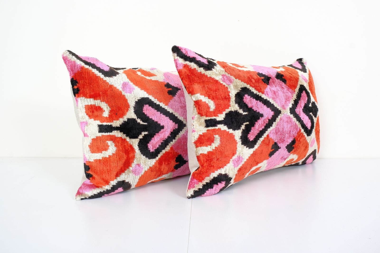 Pink Silk Ikat Velvet Pillow, Set Of Two Colorful Velvet Lumbar Pillowcase, Handmade Designer Throw Pillow photo furniture