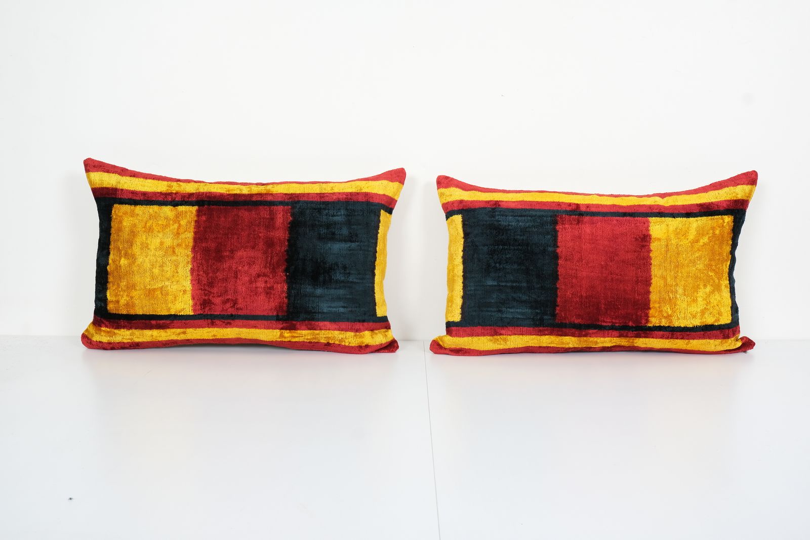 Silk Ikat Velvet Pillow Cover With Rich Border, Matching Red, Yellow And Black Ikat Lumbar Cushion Cover 16" X 24"