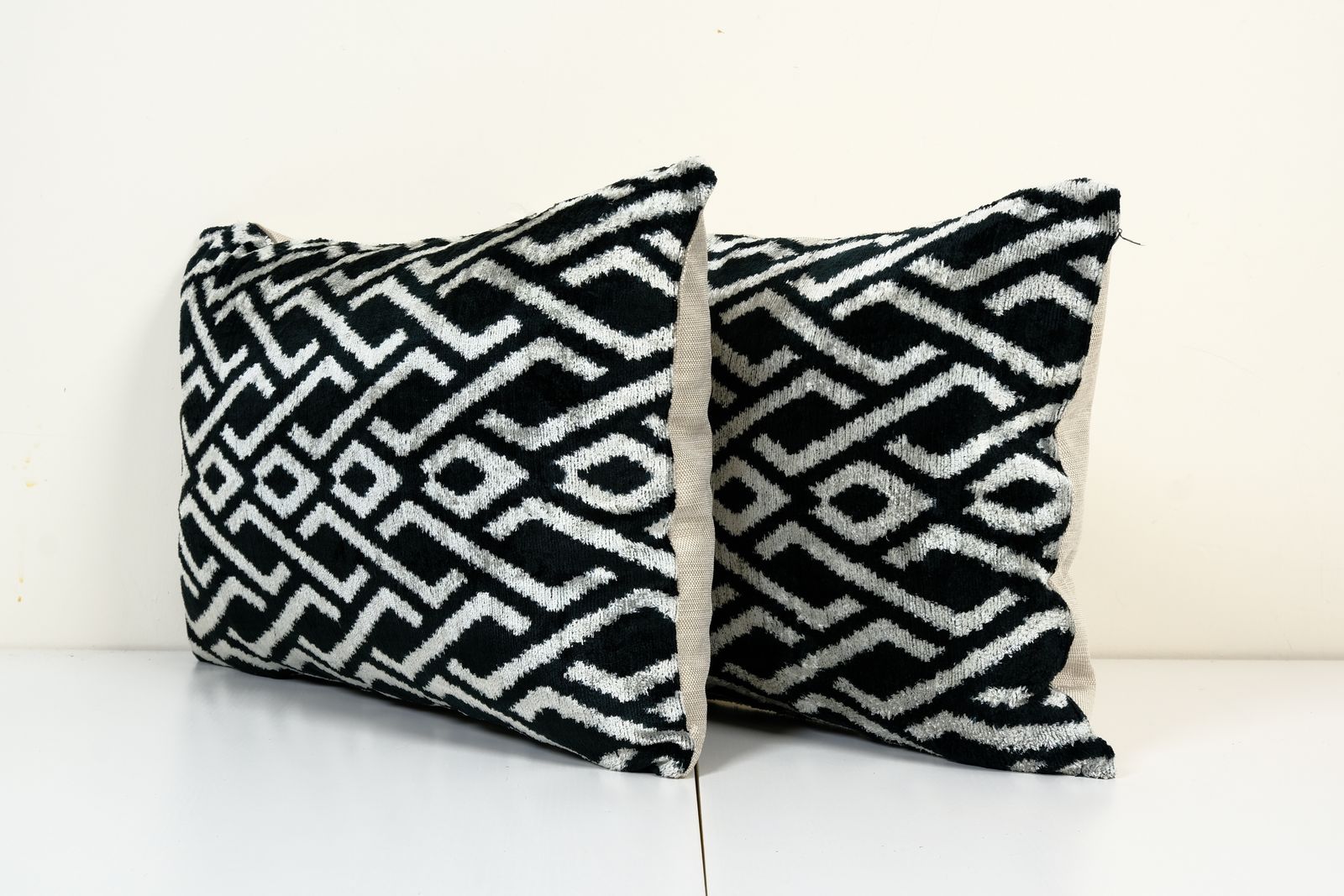 Matching Ikat Velvet Pillow Cover, Set Of Two Geometric Design Silk Lumbar Pillow Cover, Black And Beige Boho Chic Uzbek Pillow 16" X 24" photo Textiles