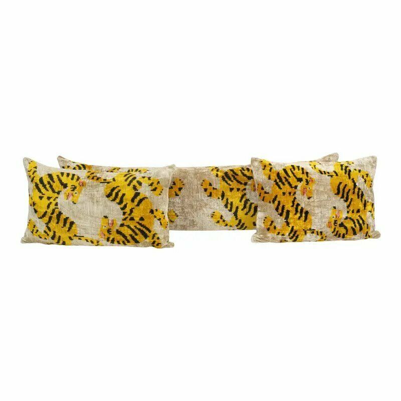 Tiger Ikat Velvet Bedding Pillow, Silk Lumbar Cushion Cover, Yellow Animal Lumbar Pillows, Boho Pillow