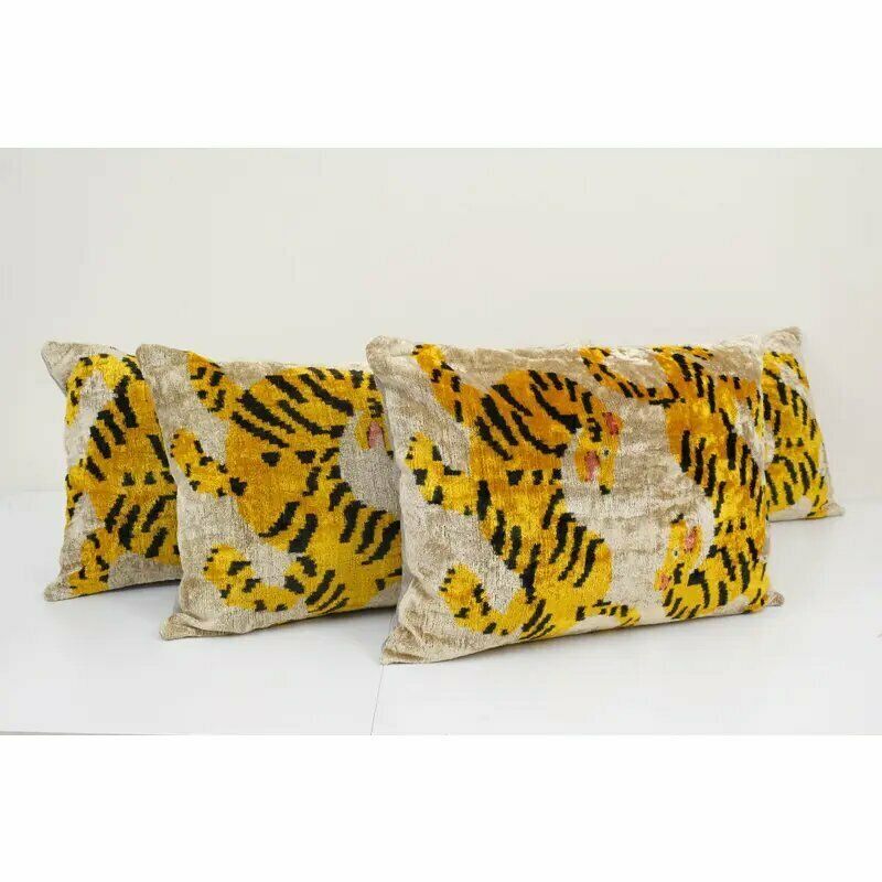 Tiger Ikat Velvet Bedding Pillow, Silk Lumbar Cushion Cover, Yellow Animal Lumbar Pillows, Boho Pillow photo furniture