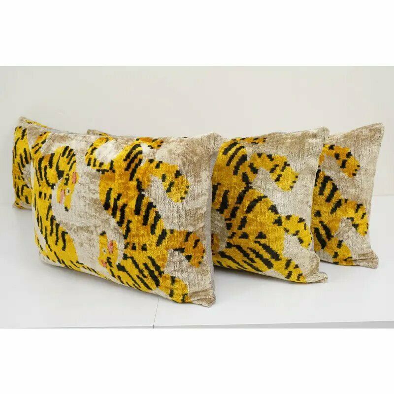 Tiger Ikat Velvet Bedding Pillow, Silk Lumbar Cushion Cover, Yellow Animal Lumbar Pillows, Boho Pillow photo for sale