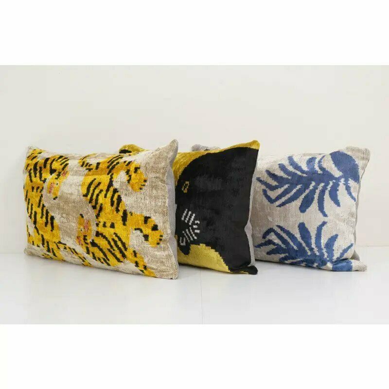 Ikat Velvet Pillow, Trible Animal Lumbar Pillows   Set Of 3 photo for sale