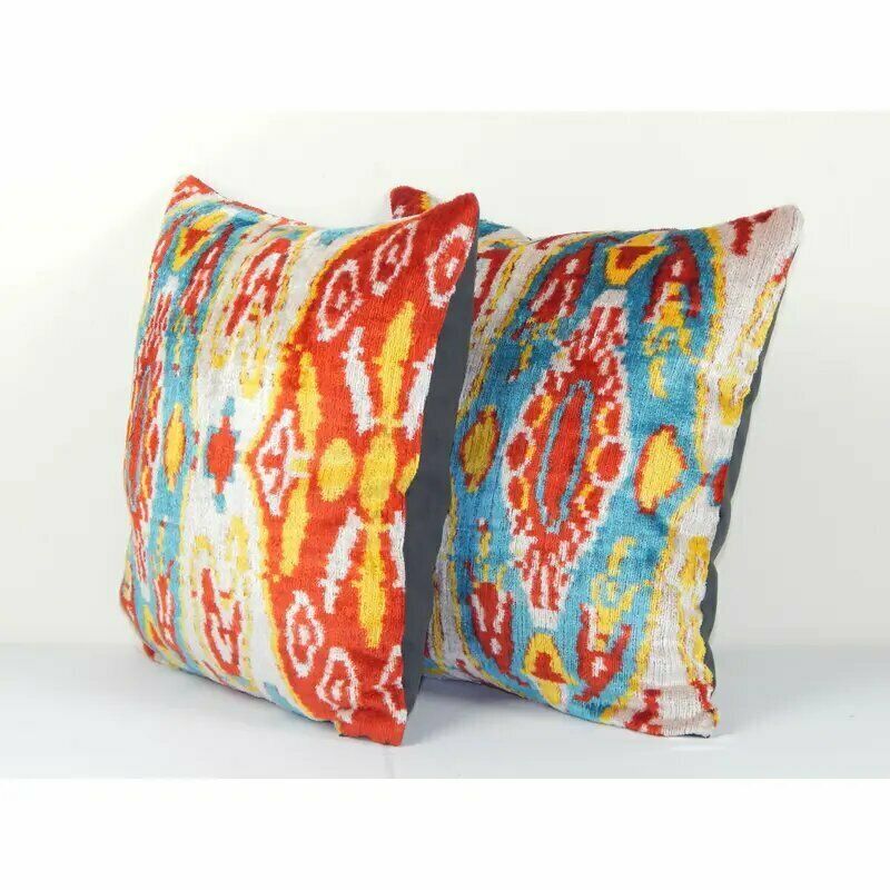 Geometric Design Ikat Velvet Pillow   Set Of Two Ethnic Silk Cushion Cover   Designer Pillow 16" X 16" photo Textiles