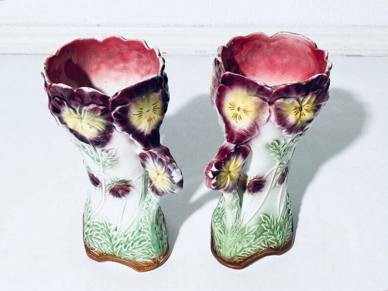 Art Nouveau Frie Onnaing Pansy Floral Motif Ceramic Planter & Vase Set photo for sale