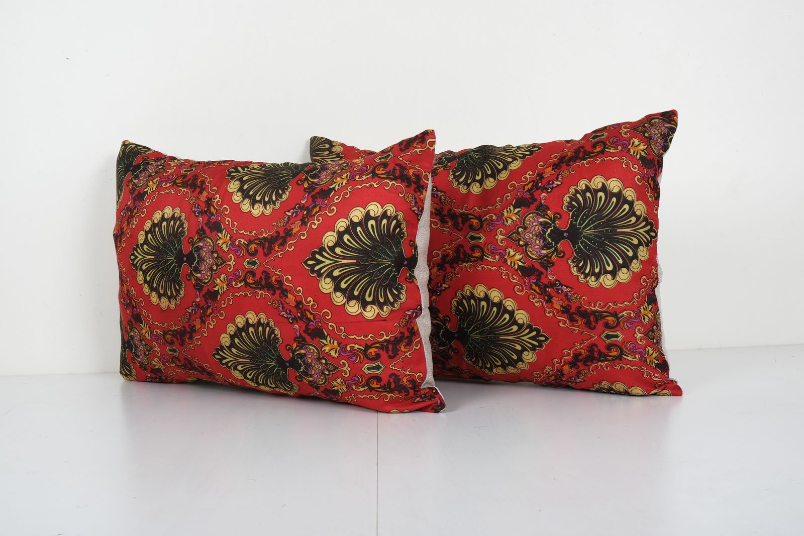 Old Uzbek Trade Cloth Pillow, Set Of Two Vintage Floral Roller Print Cushion Cover On Cotton 16'' X 22'' photo Textiles