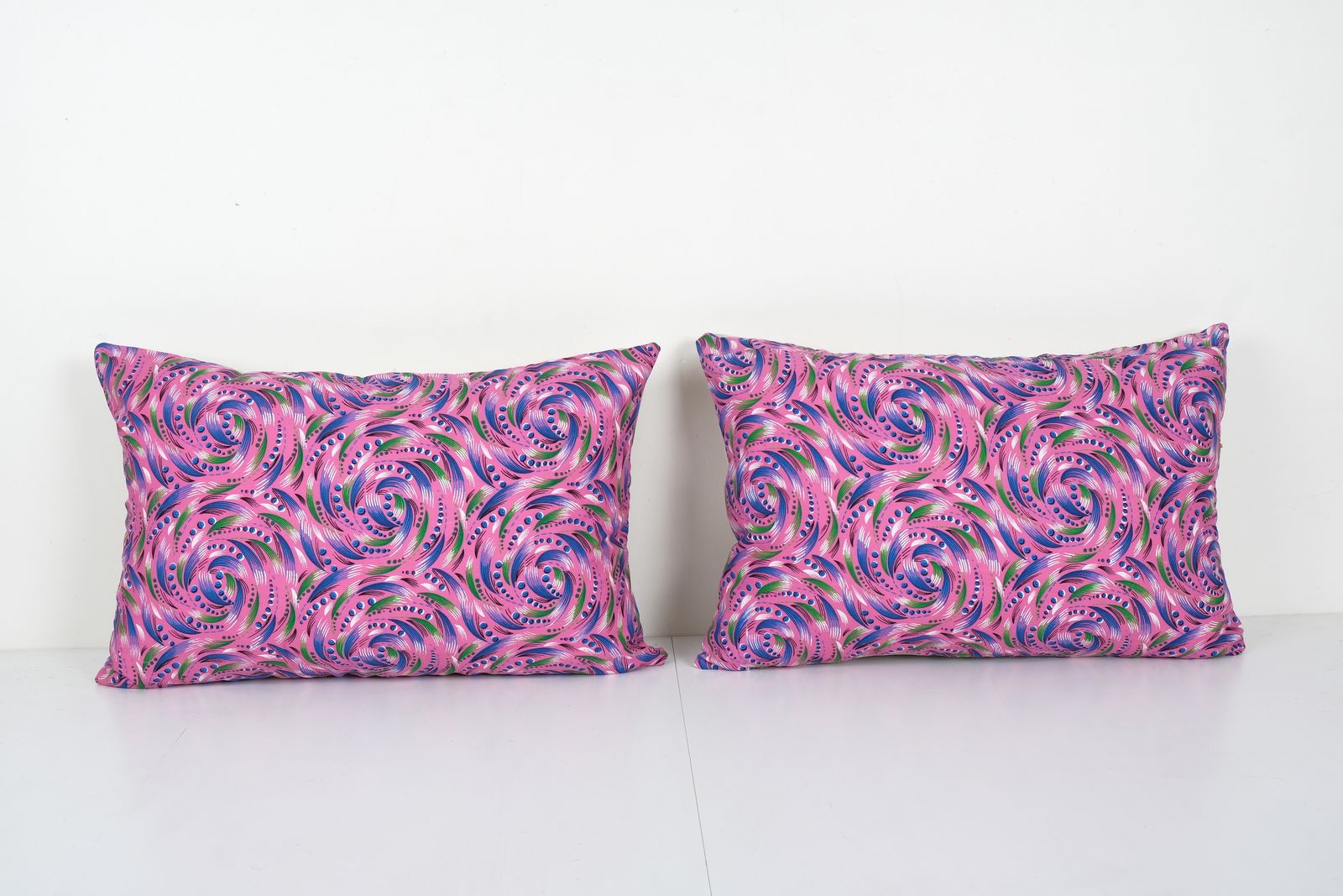 Set Floral Pillow Cases Made From Mid 20th Century Uzbek Cotton Printed Textile, 1960s 16'' X 22''