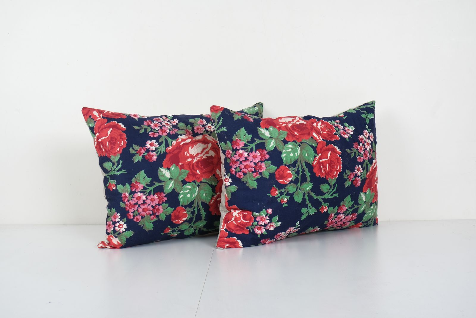 Pair Old Uzbek Trade Cloth Pillow, Set Vintage Floral Roller Print Bedding Cushion Cover On Cotton 14'' X 24'' photo Textiles