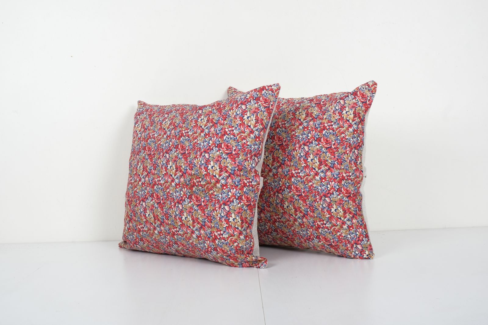 Set Of Two Uzbek Pink Roller Printed Cotton Fabric Panel, Pair Mid 20th Century Tribal Cushion Cover 18'' X 18'' photo for sale