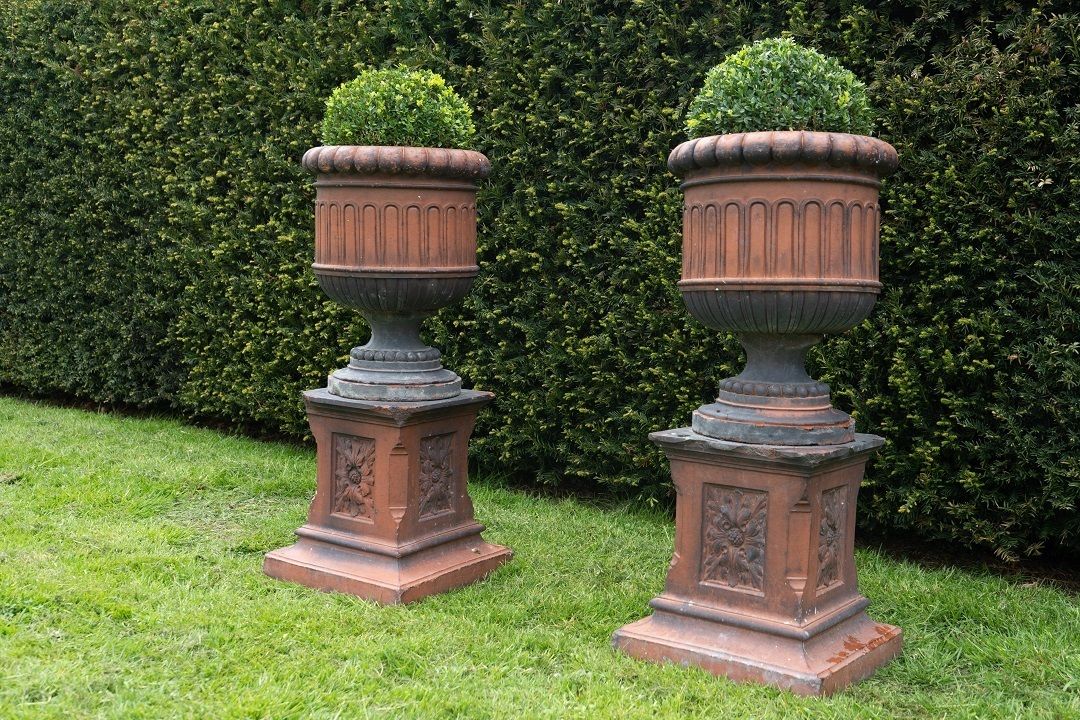 photo for sale Pair Of Antique Terracotta Urns On Plinths