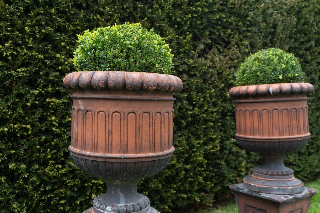 Garden Decor Pair Of Antique Terracotta Urns On Plinths photo