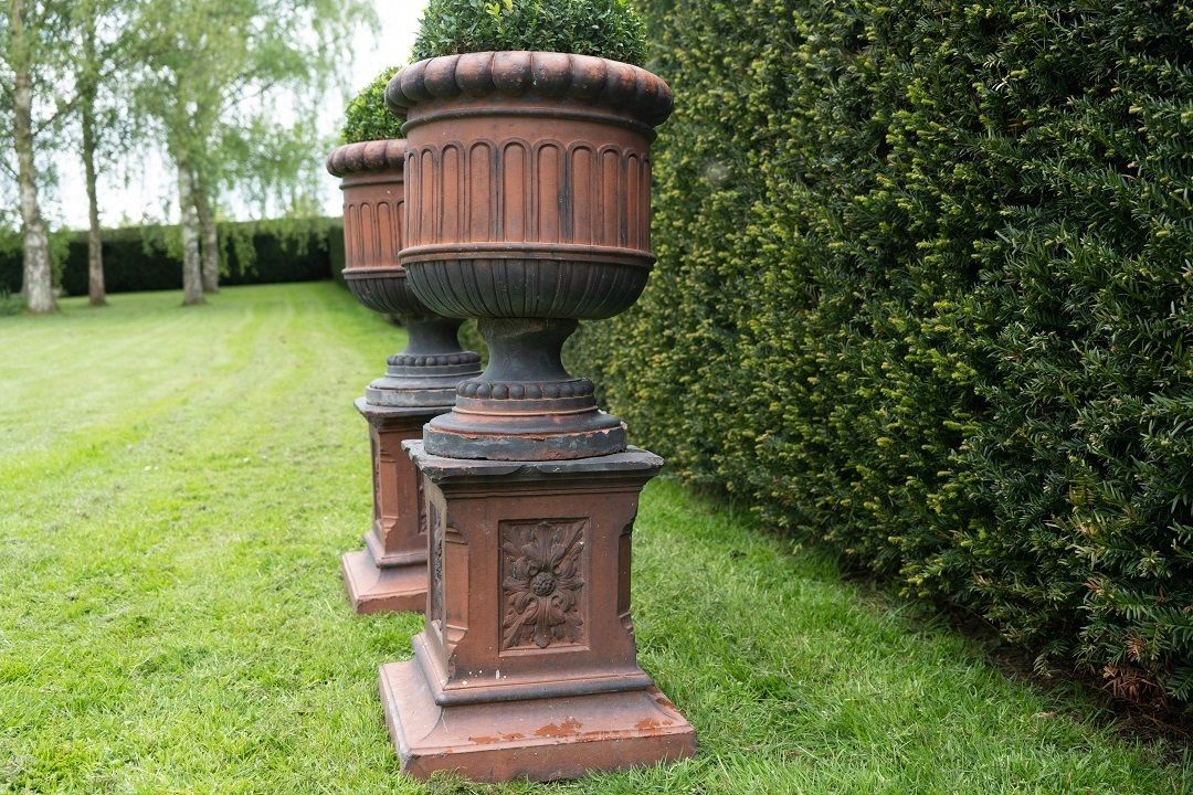 photo buy Pair Of Antique Terracotta Urns On Plinths