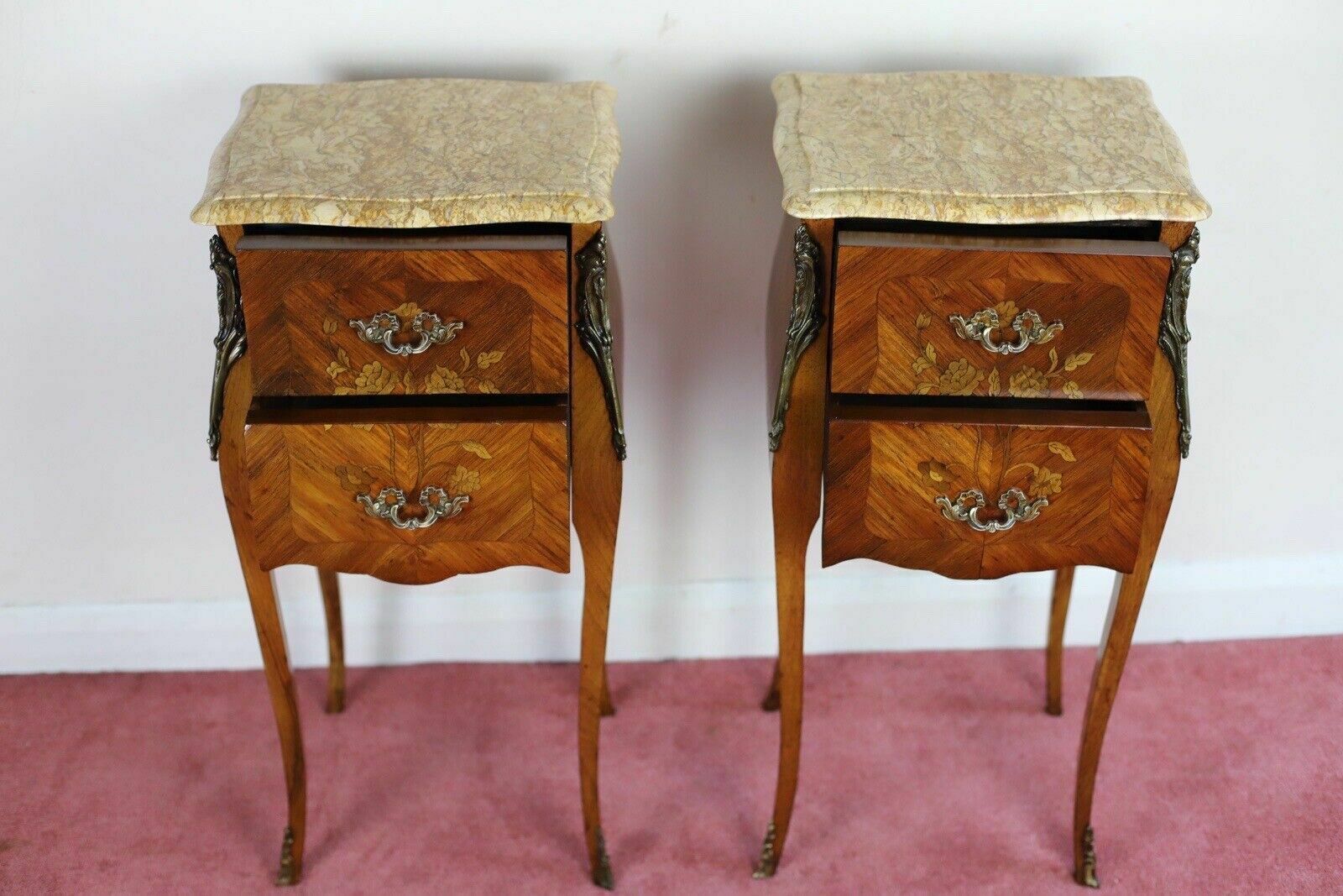 Antique Louis XV French Marquetry Marble Nightstands photo vintage