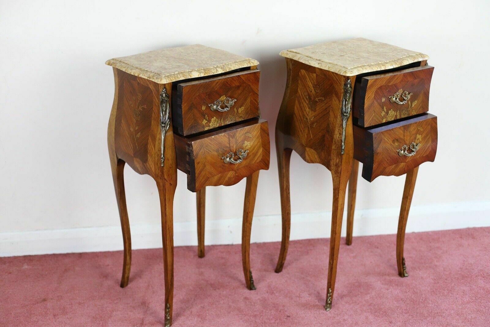 photo for sale Antique Louis XV French Marquetry Marble Nightstands