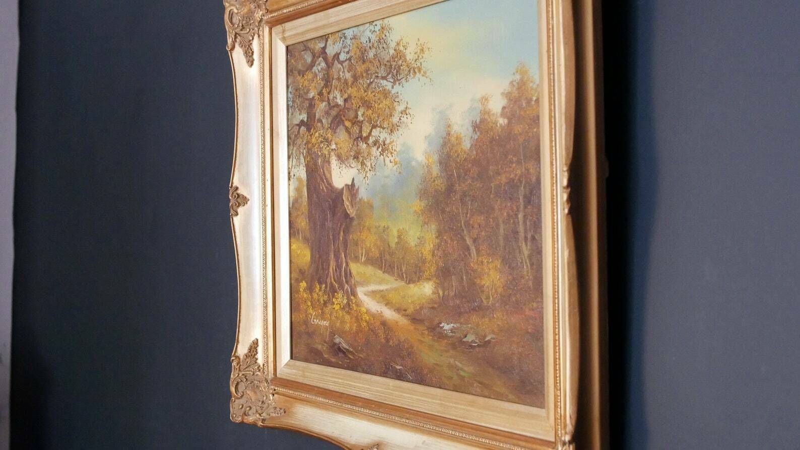Oil On Canvas Landscape Painting Gilt Frame Vintage Rural Scene Figurative photo Art