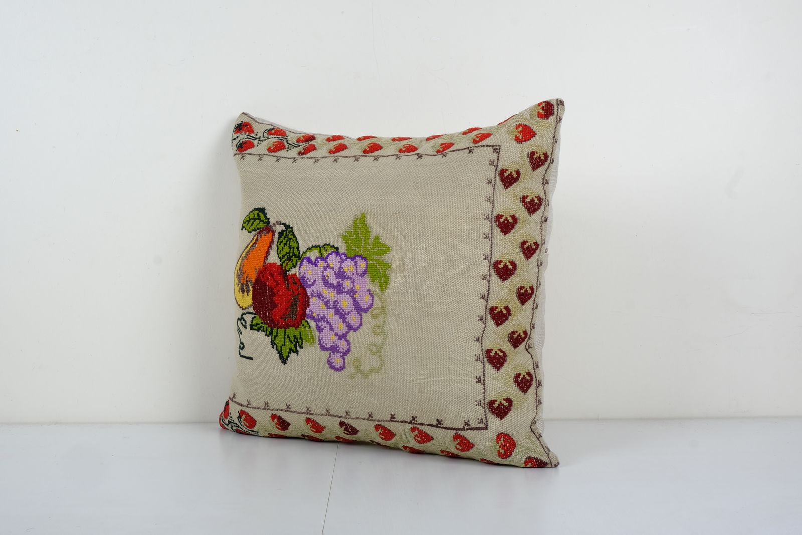 Vintage Handwoven Floral Pattern Square Kilim Pillow, Grape Design French Decor Needlepoint Kilim Cushion 21'' X 22'' photo furniture