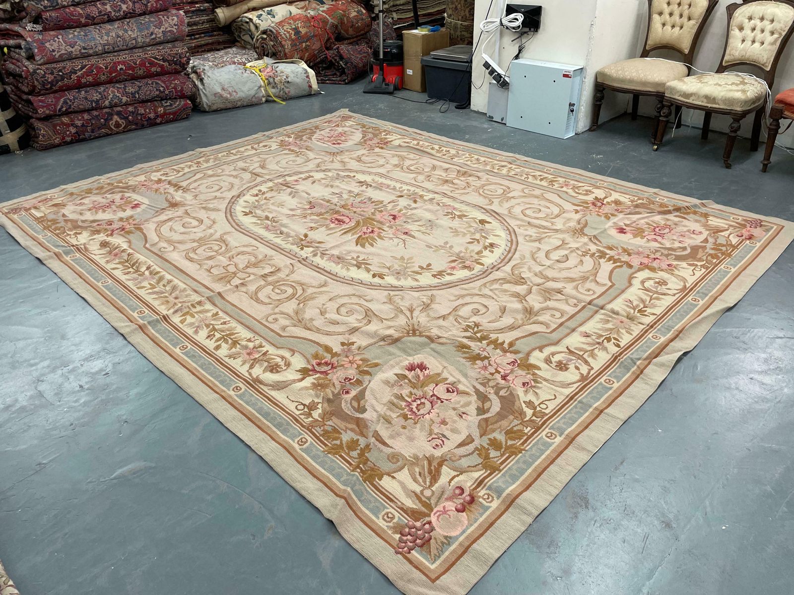 Traditional Carpet Aubusson Area Rug Blue Handwoven Wool Needlepoint photo for sale