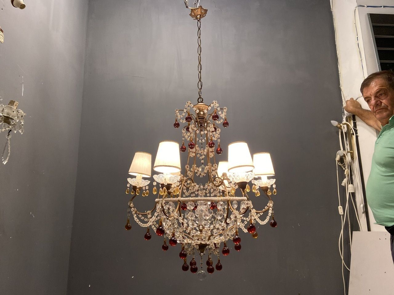 photo furniture Large Antique Macaroni Crystal Beaded Chandelier 1940’s