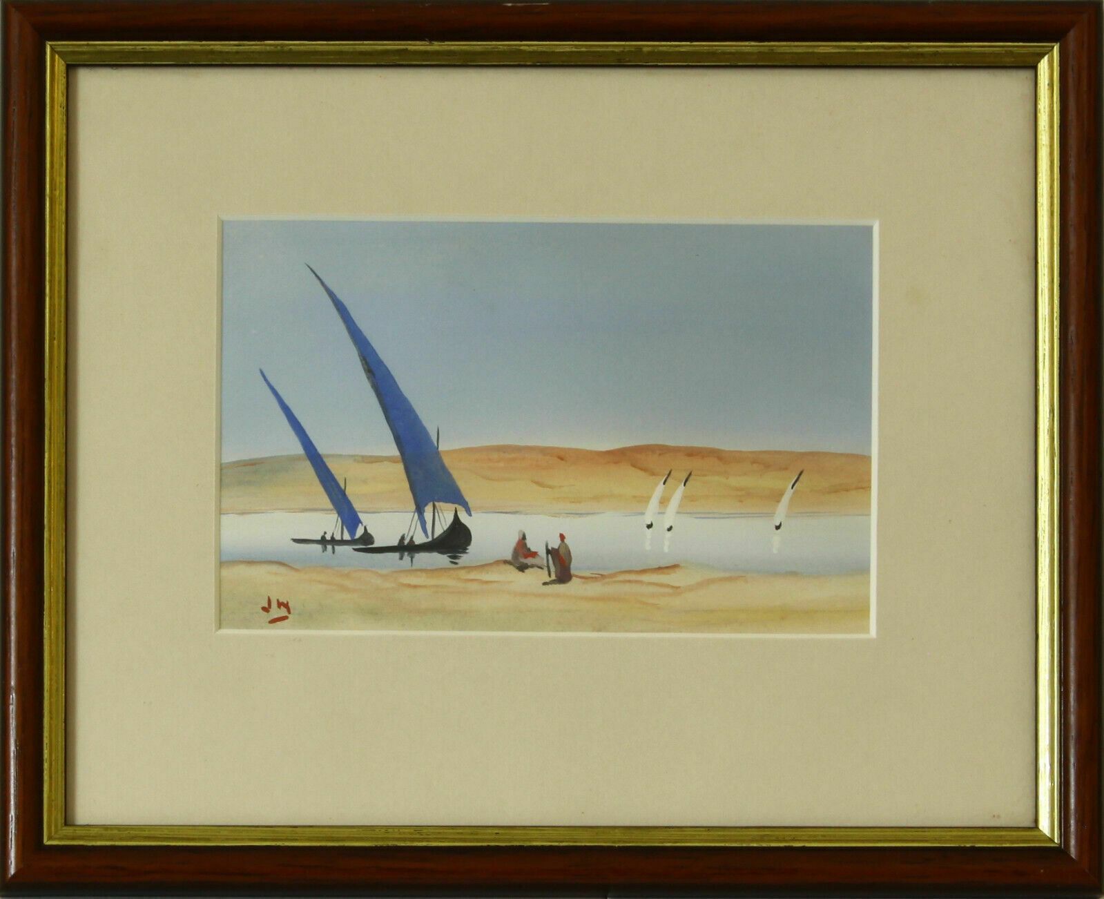 Gouache By J Hudson. Blue Sailed Dhow Boats