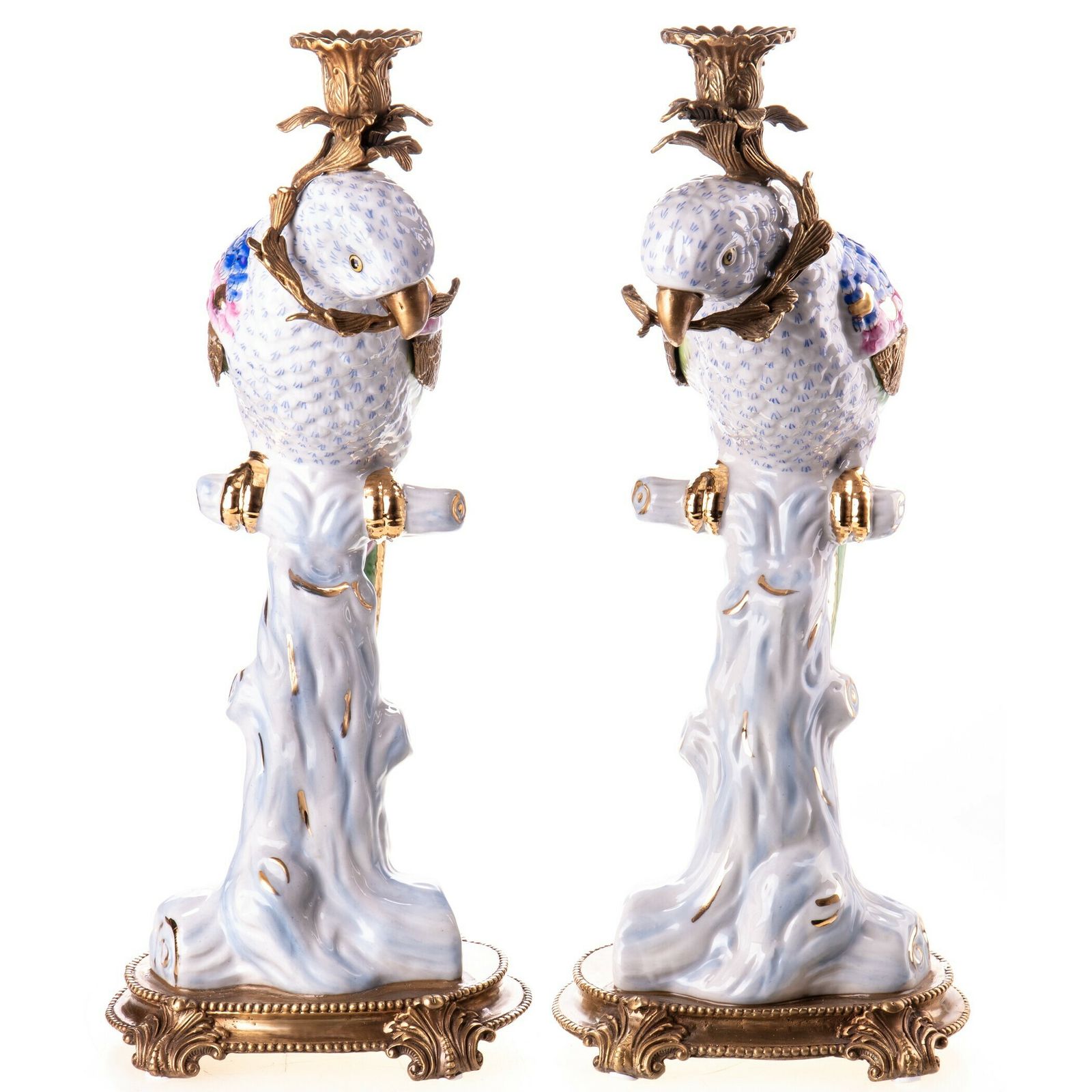 Golden Parrots Ceramic And Bronze Candle Holders Set Of 2 photo for sale
