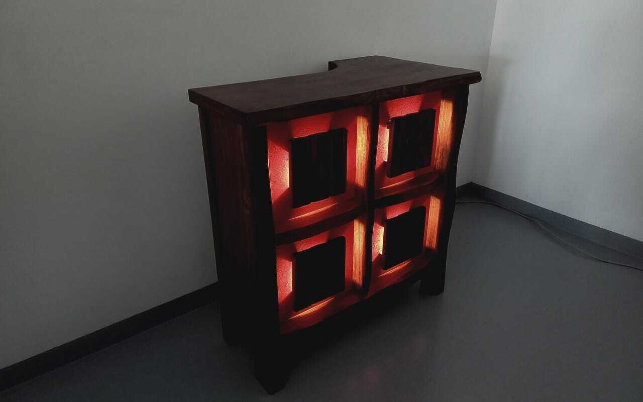photo vinterior Vintage Aranjou Luminous Brutalist Bar Cabinet From The 50s 60s In Solid Elm