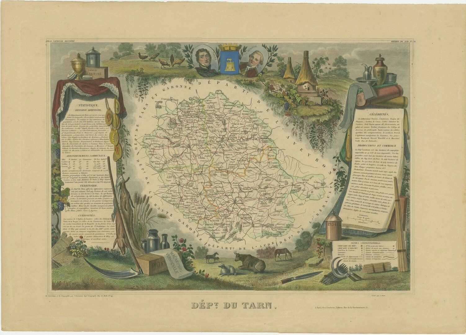 Hand Colored Antique Map Of The Department Of Tarn, France