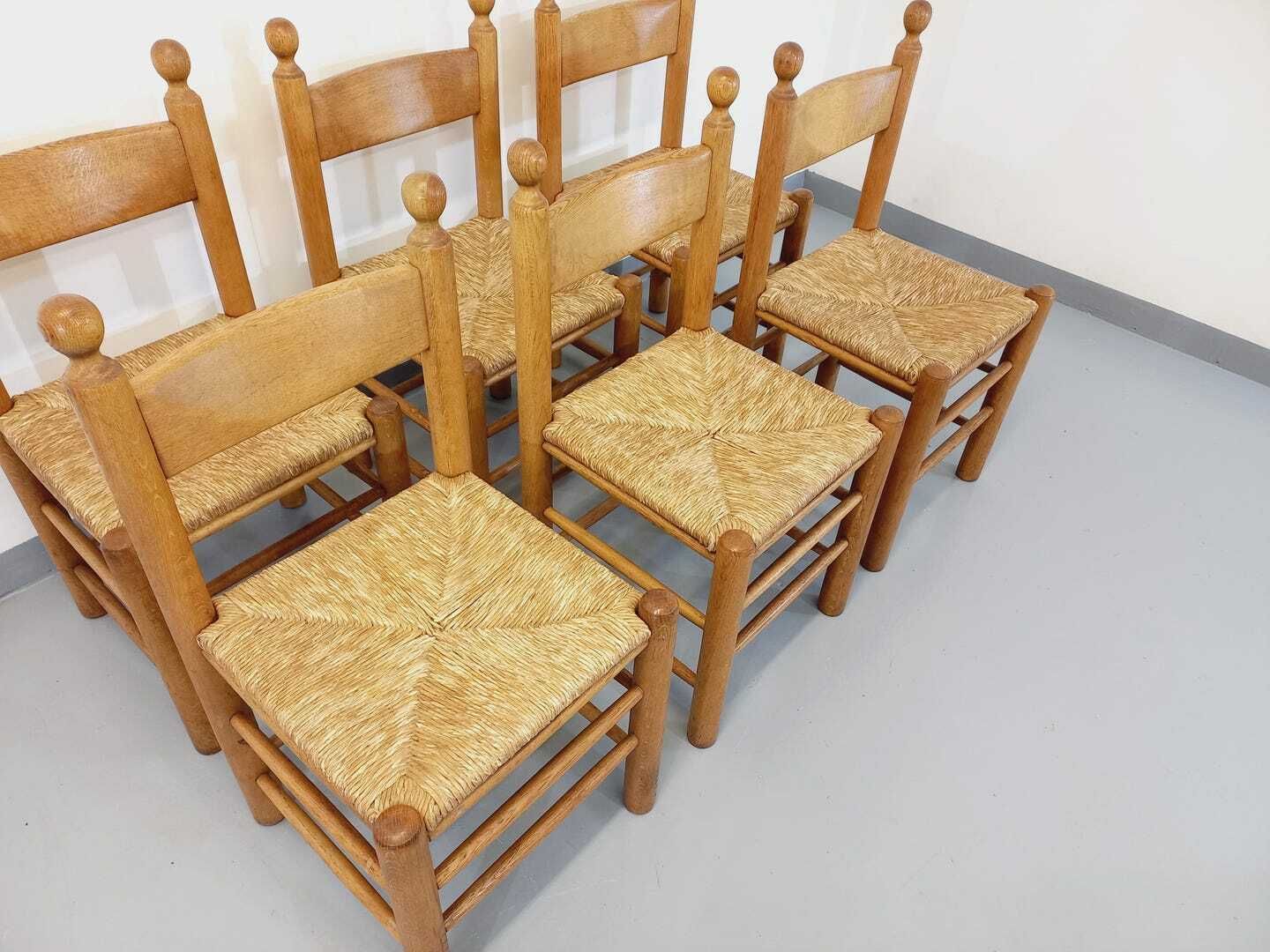 6 chaises en chêne et paille, années 1960, vintage photo vintage