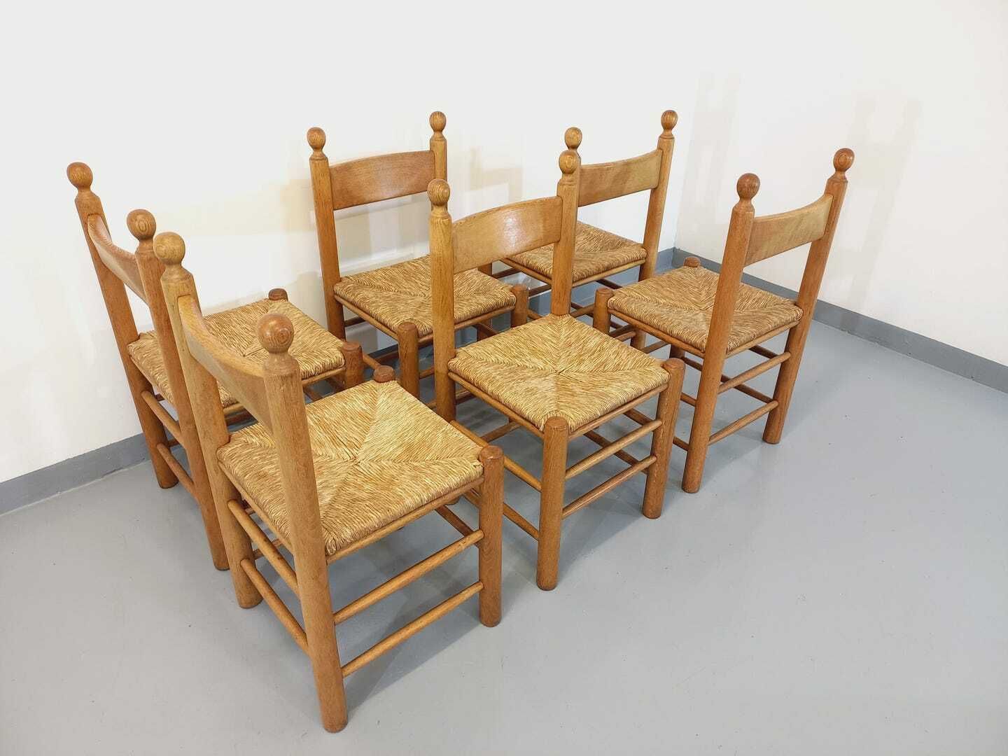 photo vinterior 6 chaises en chêne et paille, années 1960, vintage