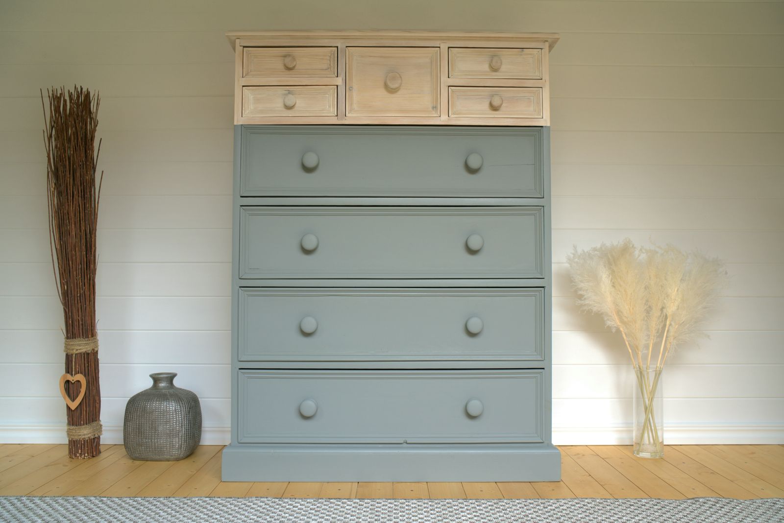 Farmhouse Style Chest Of Drawers. Old Vintage Pine Drawers. Grey/Green Chest Of Drawers,  Tall Drawers, Tallboy Chest Of Drawers