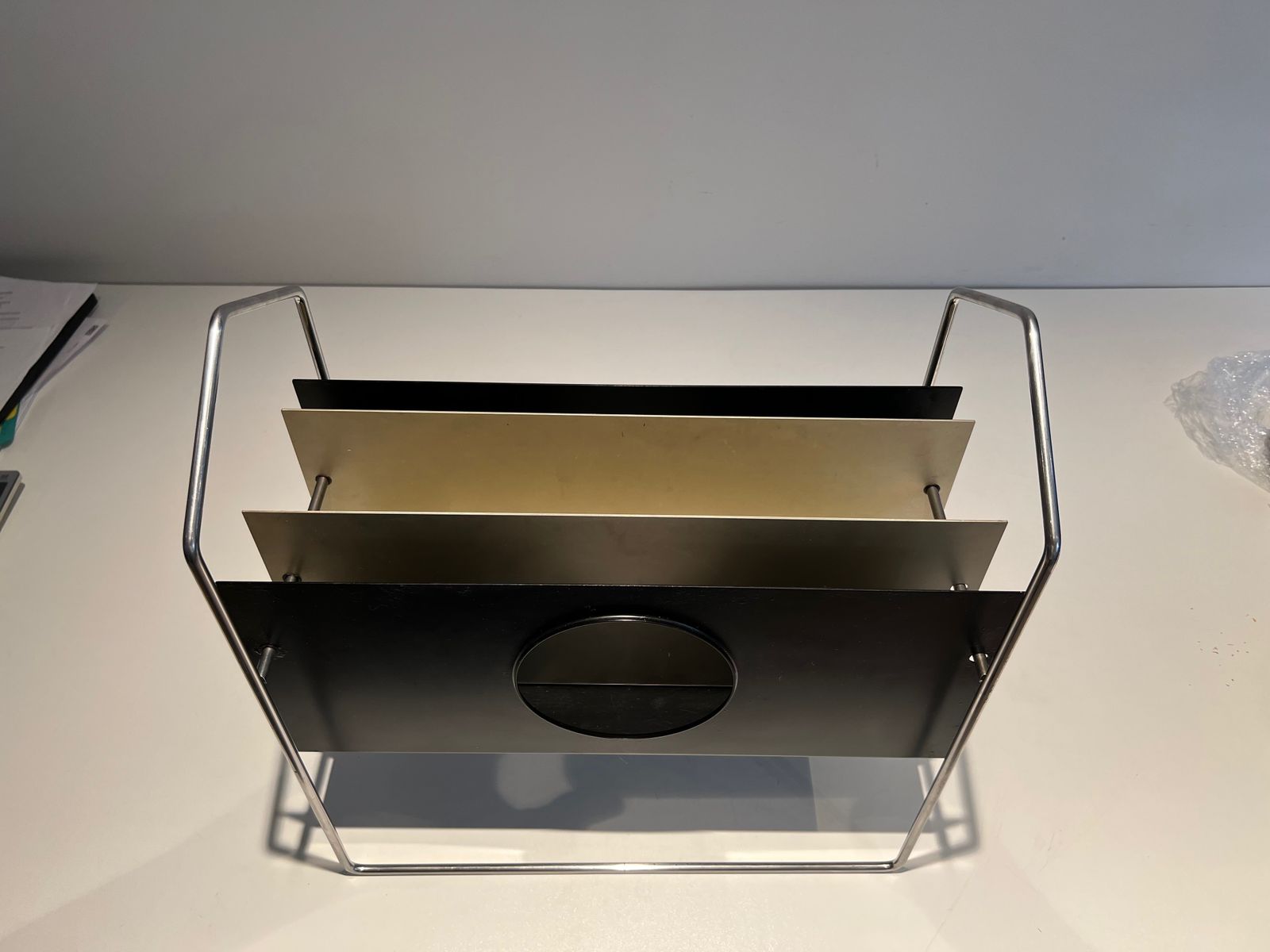 photo for sale Chrome Design Magazine Rack In Black And White Lacquered Metal