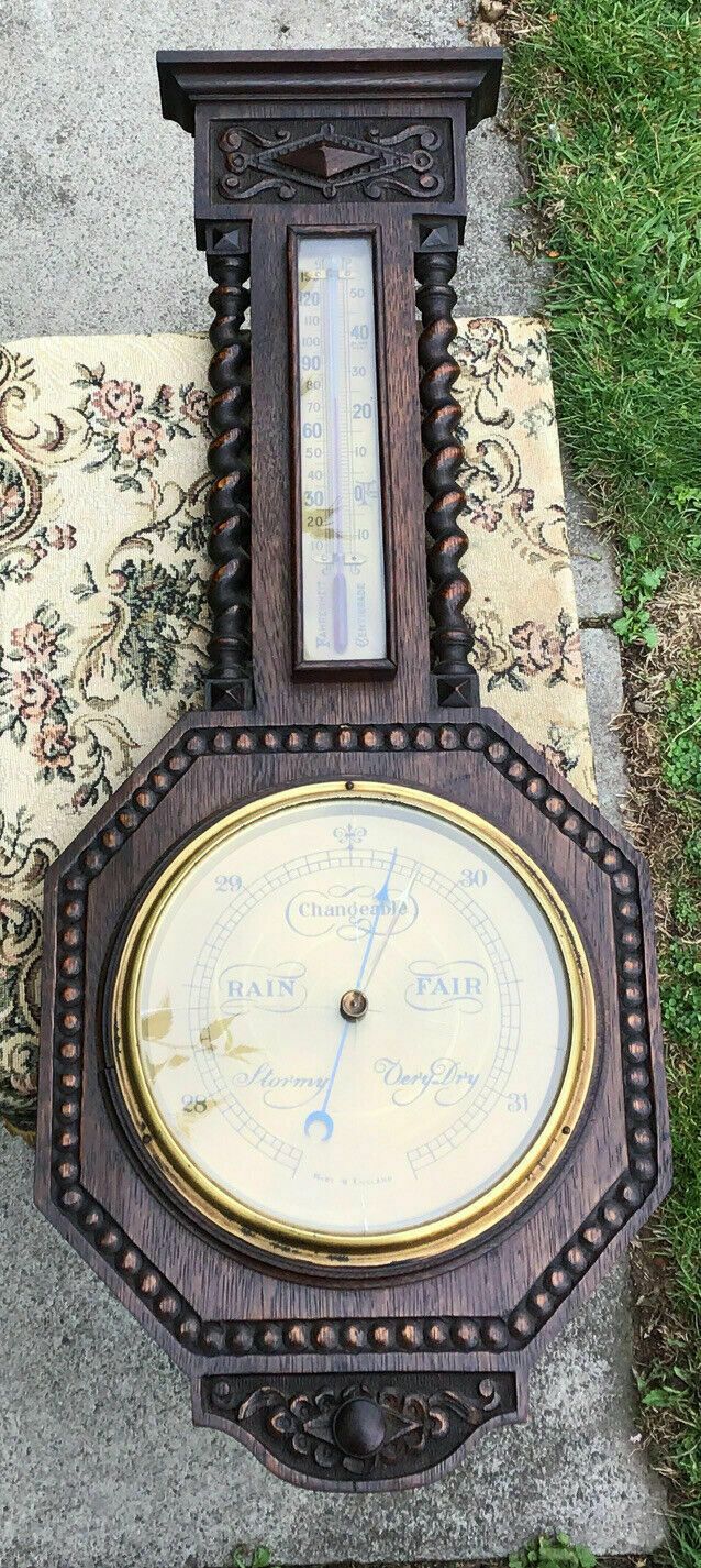 Early 20th C Carved Oak Barley Twist Barometer / Thermometer