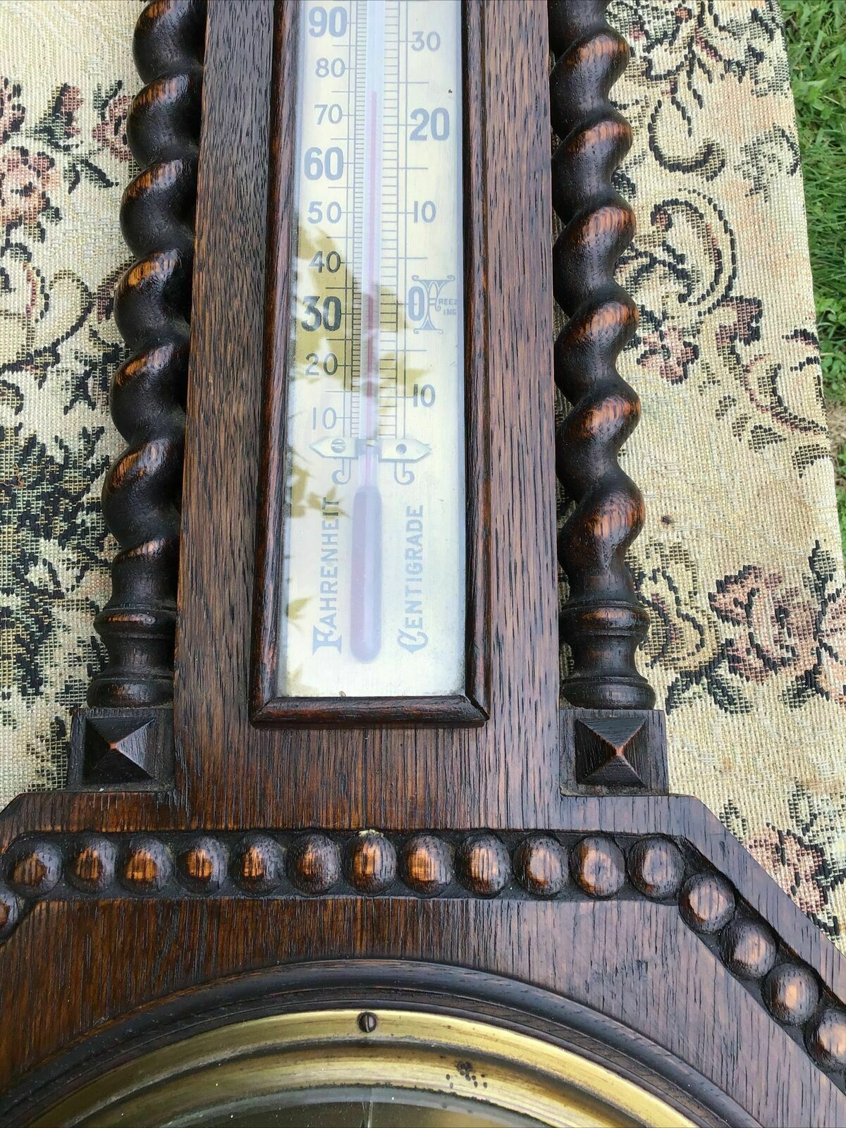 Early 20th C Carved Oak Barley Twist Barometer / Thermometer photo Home Decor